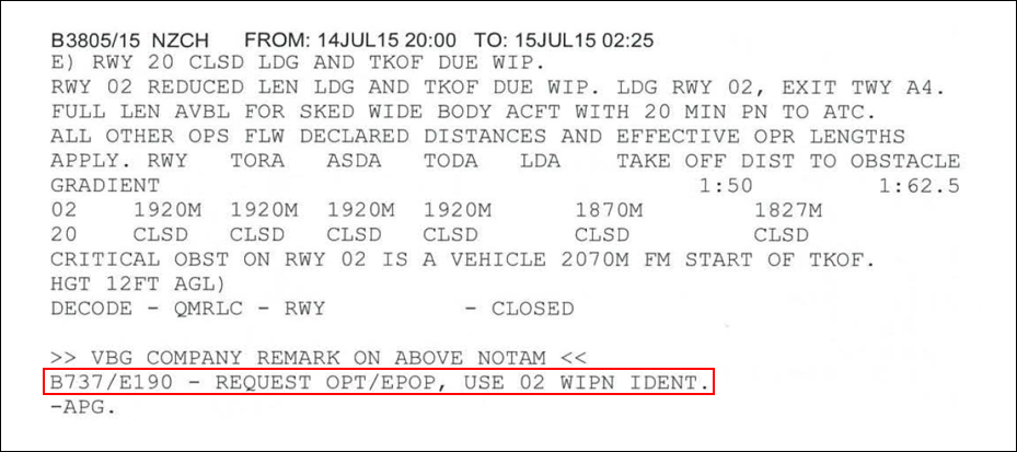 Figure 2: NOTAM B3805/15 dealing with runway 02 reduced length (and closure of runway 20) due to works in progress